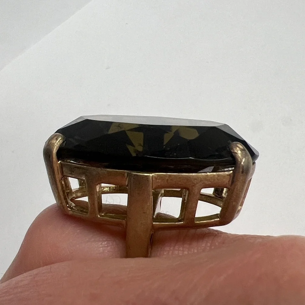Size 6 Extra Large Jumbo Smokey Quartz Topaz Crystal Metal Basket Cocktail Ring